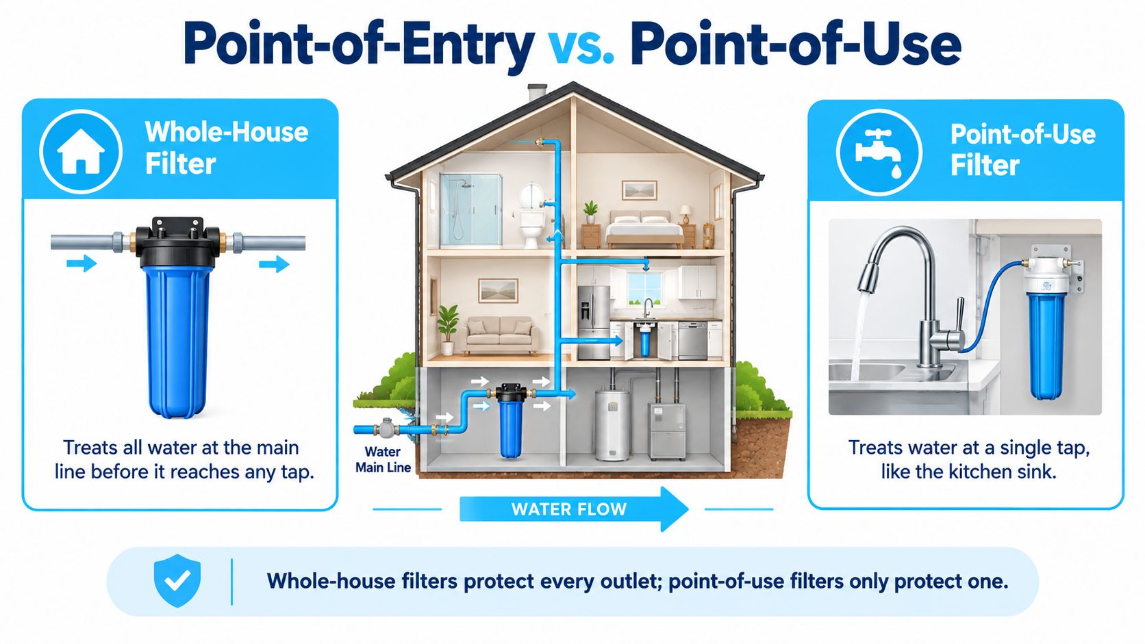 A diagram comparing point-of-entry whole-house water filters with point-of-use under-sink water filtration systems for homes.