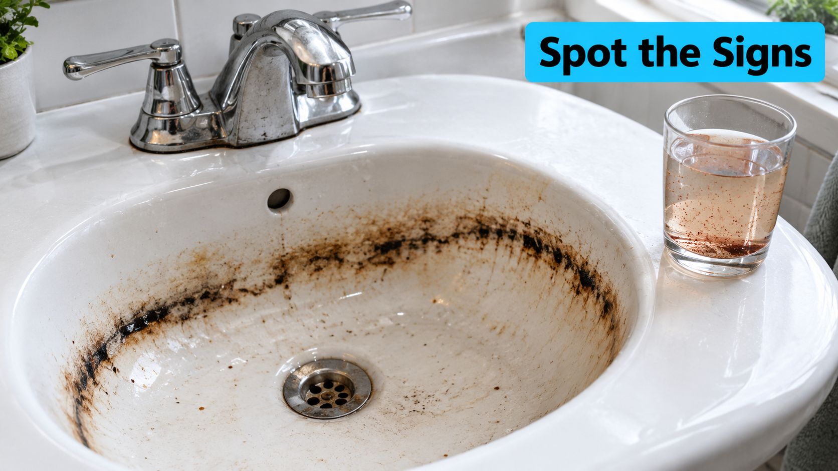 A dirty bathroom sink stained with dark sediment alongside a glass of brown, contaminated tap water.
