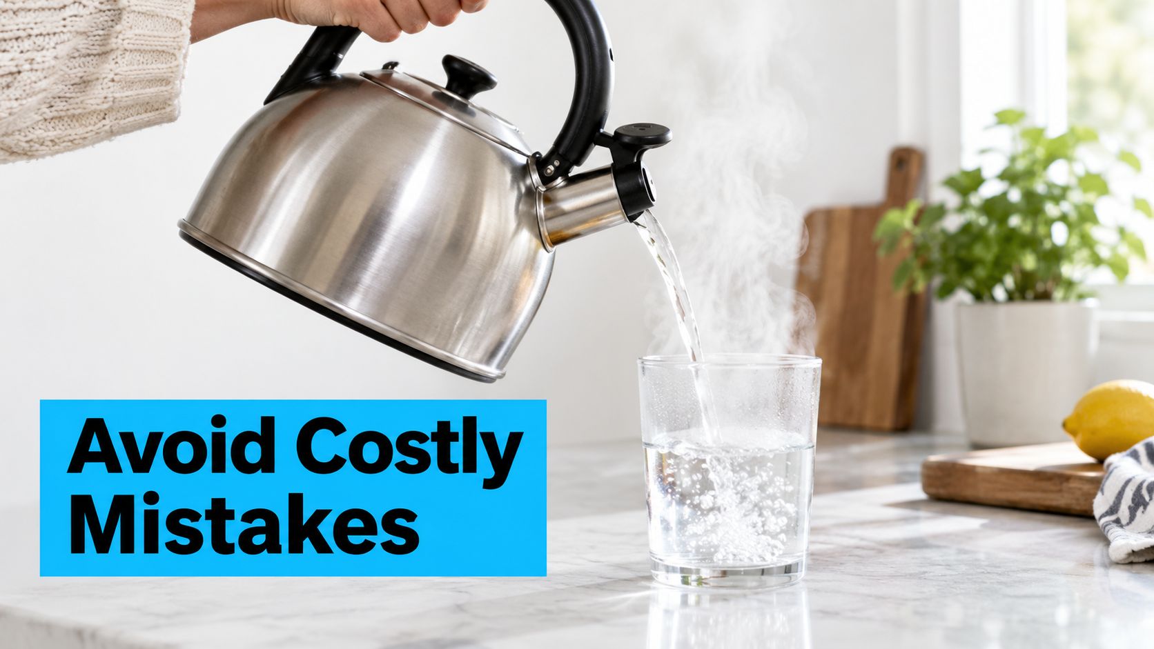 A close-up view of a person pouring steaming hot water from a metal kettle into a glass.