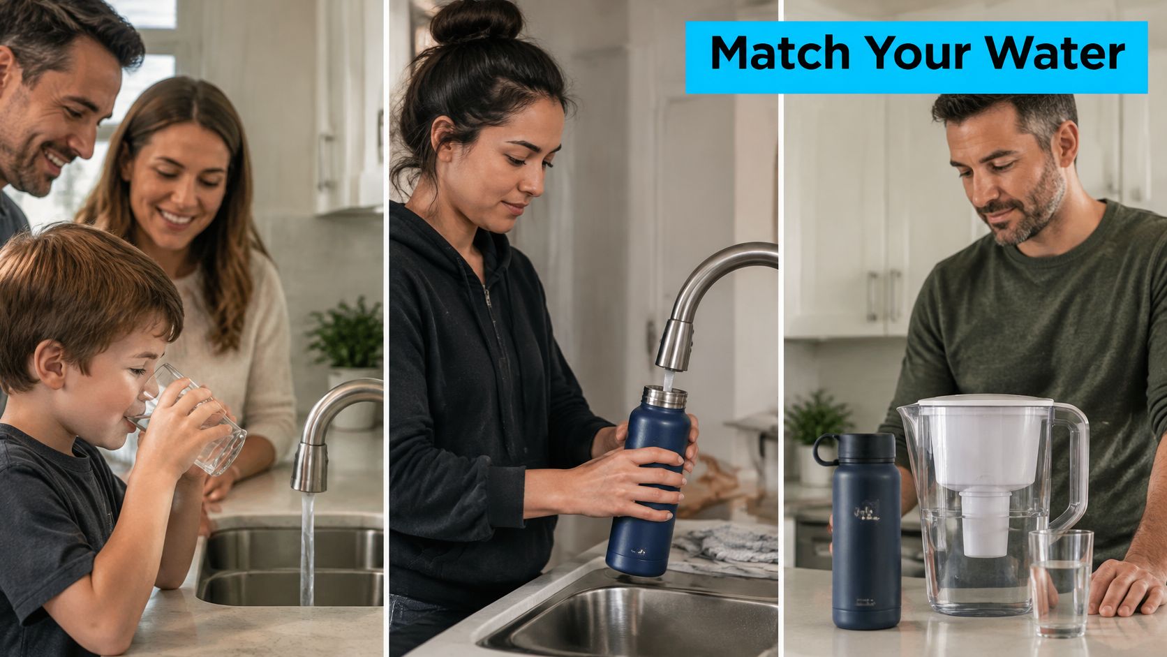 A family uses a water filtration system for filling water bottles and drinking at their kitchen sink.