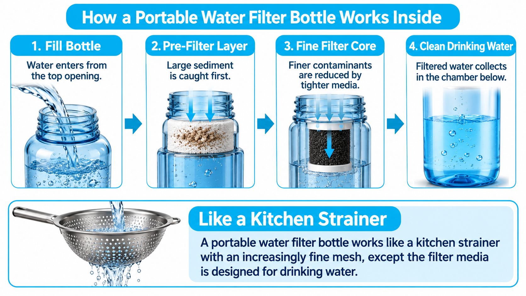 An infographic illustrating the four-step process of how a portable water filter bottle purifies water for drinking.