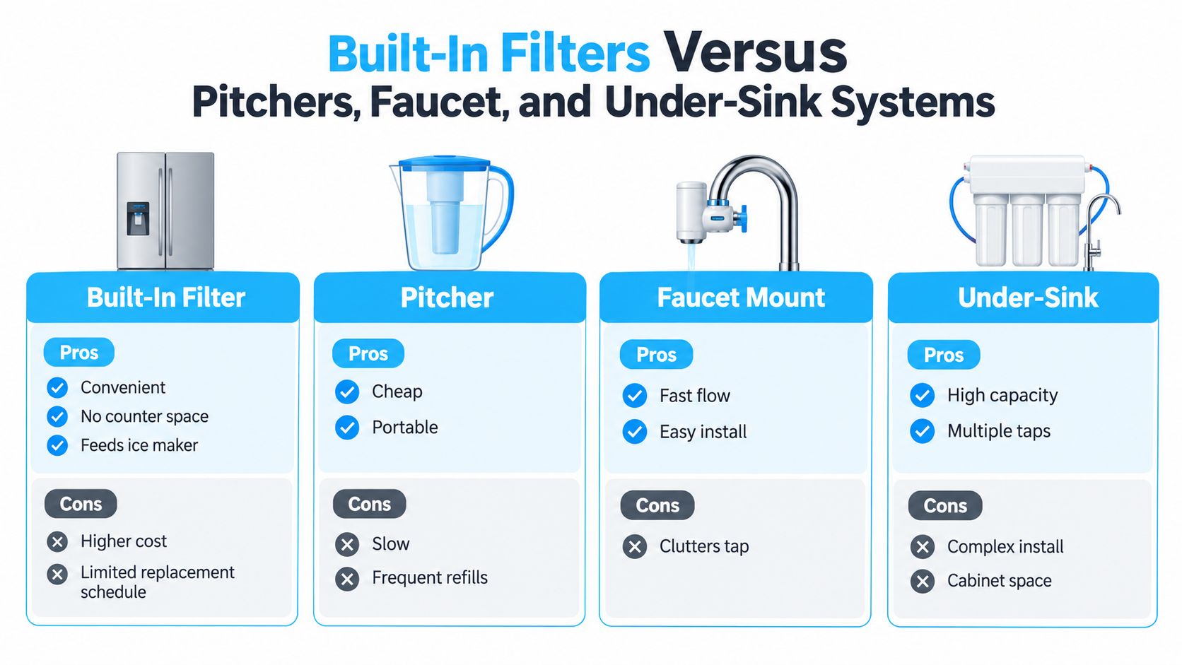 A comparison chart highlighting the pros and cons of built-in refrigerator filters versus pitcher, faucet, and under-sink systems.