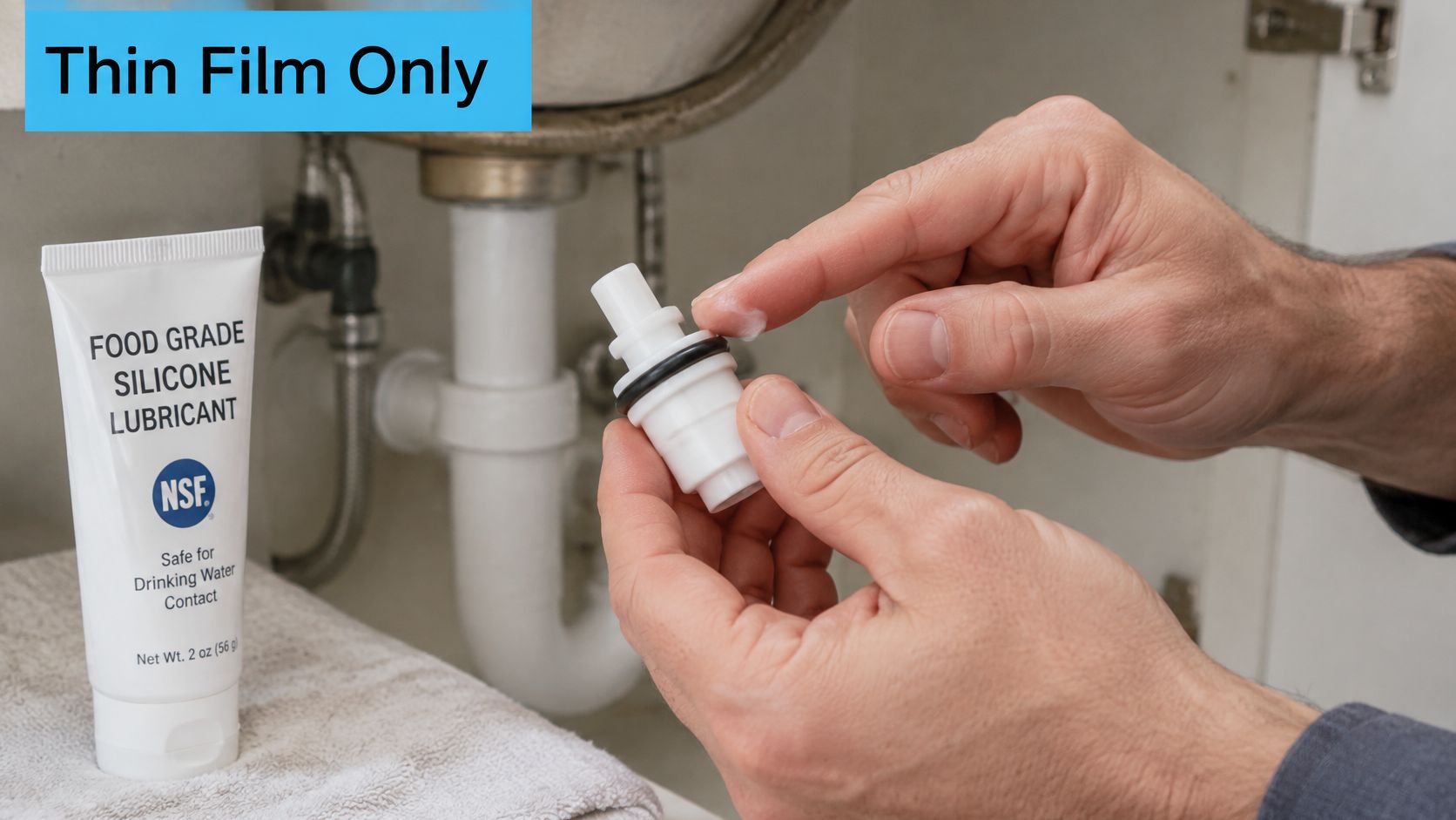 A hand applies a thin film of food-grade silicone lubricant to the rubber O-ring of a plumbing part.
