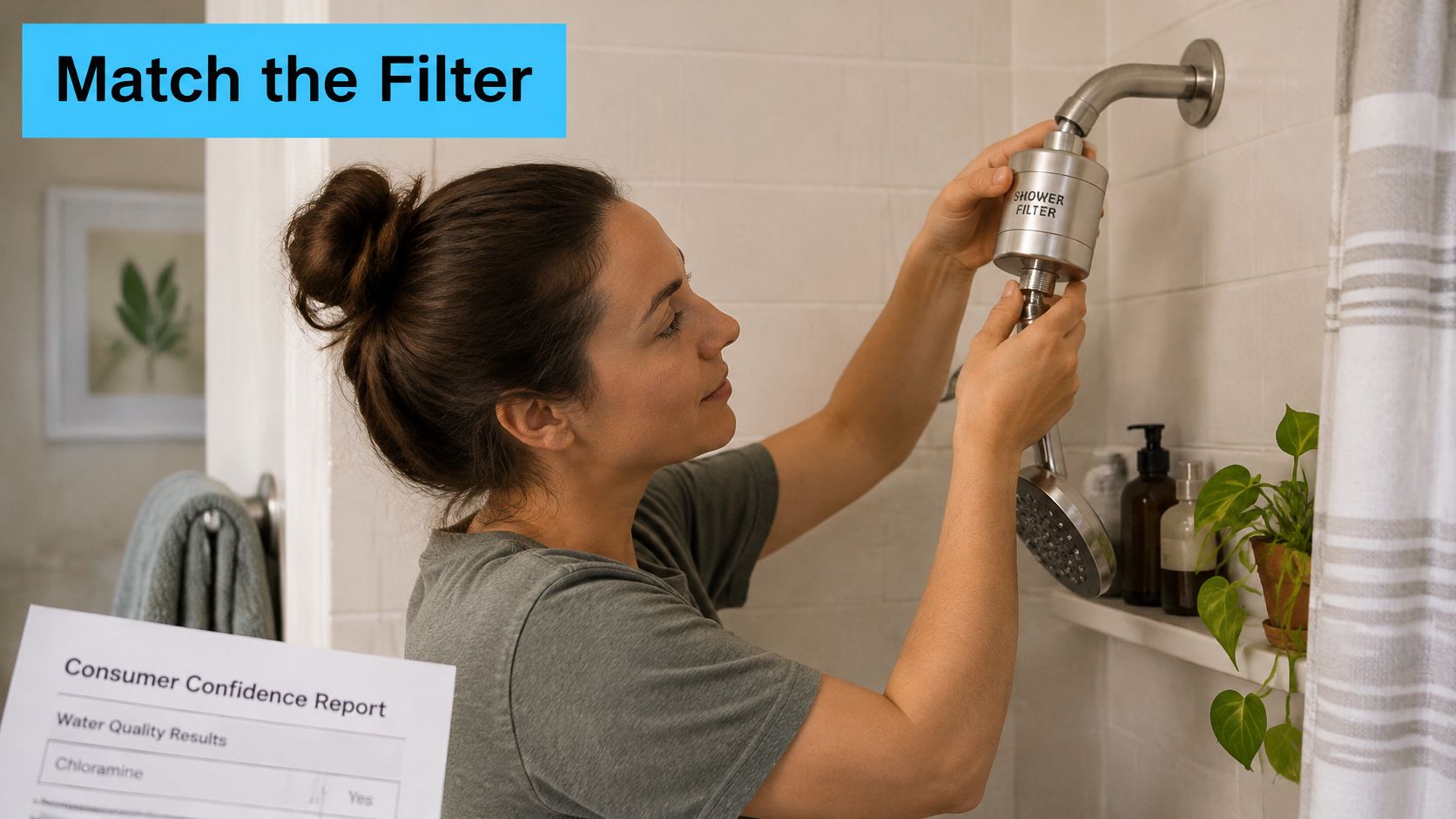 A woman carefully installing a silver shower filter onto her bathroom shower arm to improve water quality.