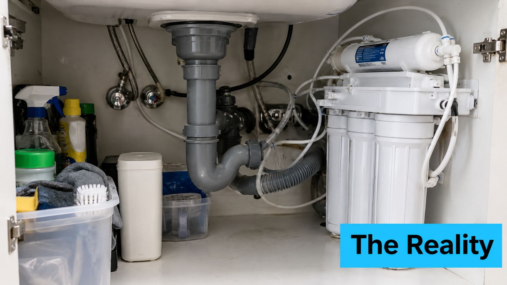 A view inside a kitchen cabinet showing plumbing pipes and an installed multi-stage water filtration system.