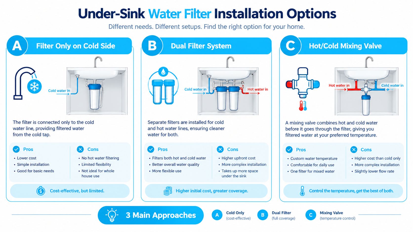 An infographic showing three main installation options for under-sink water filtration systems, including cold-only, dual, and mixing valve setups.