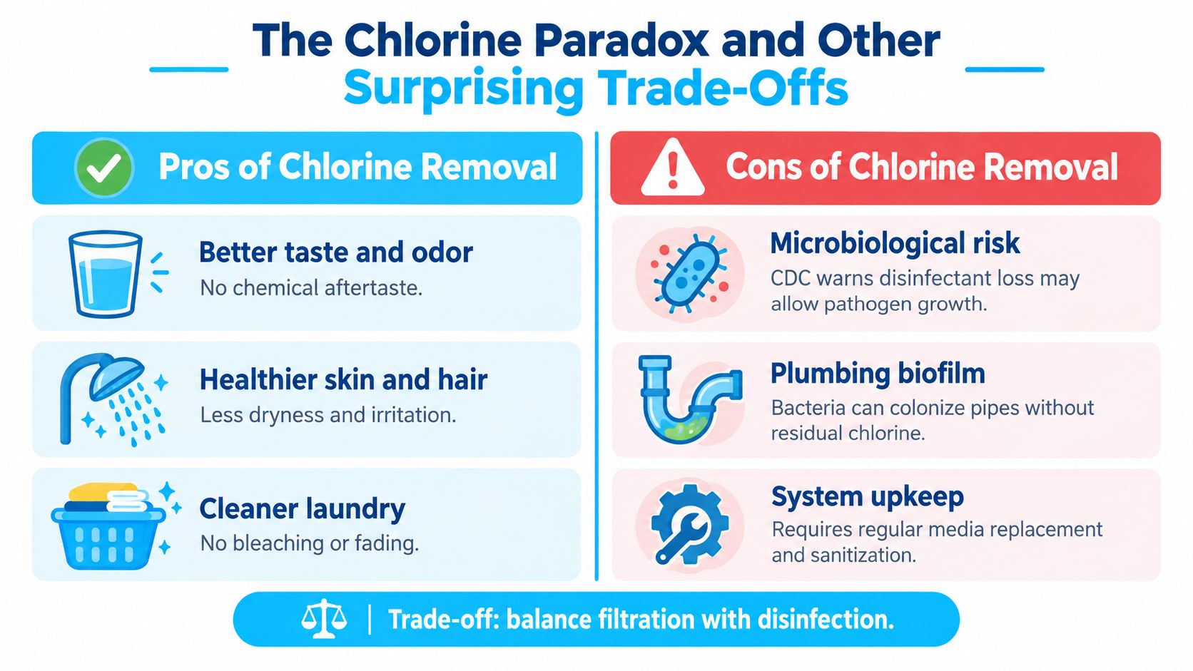 An infographic illustrating the pros and cons of chlorine removal from home water supply systems.