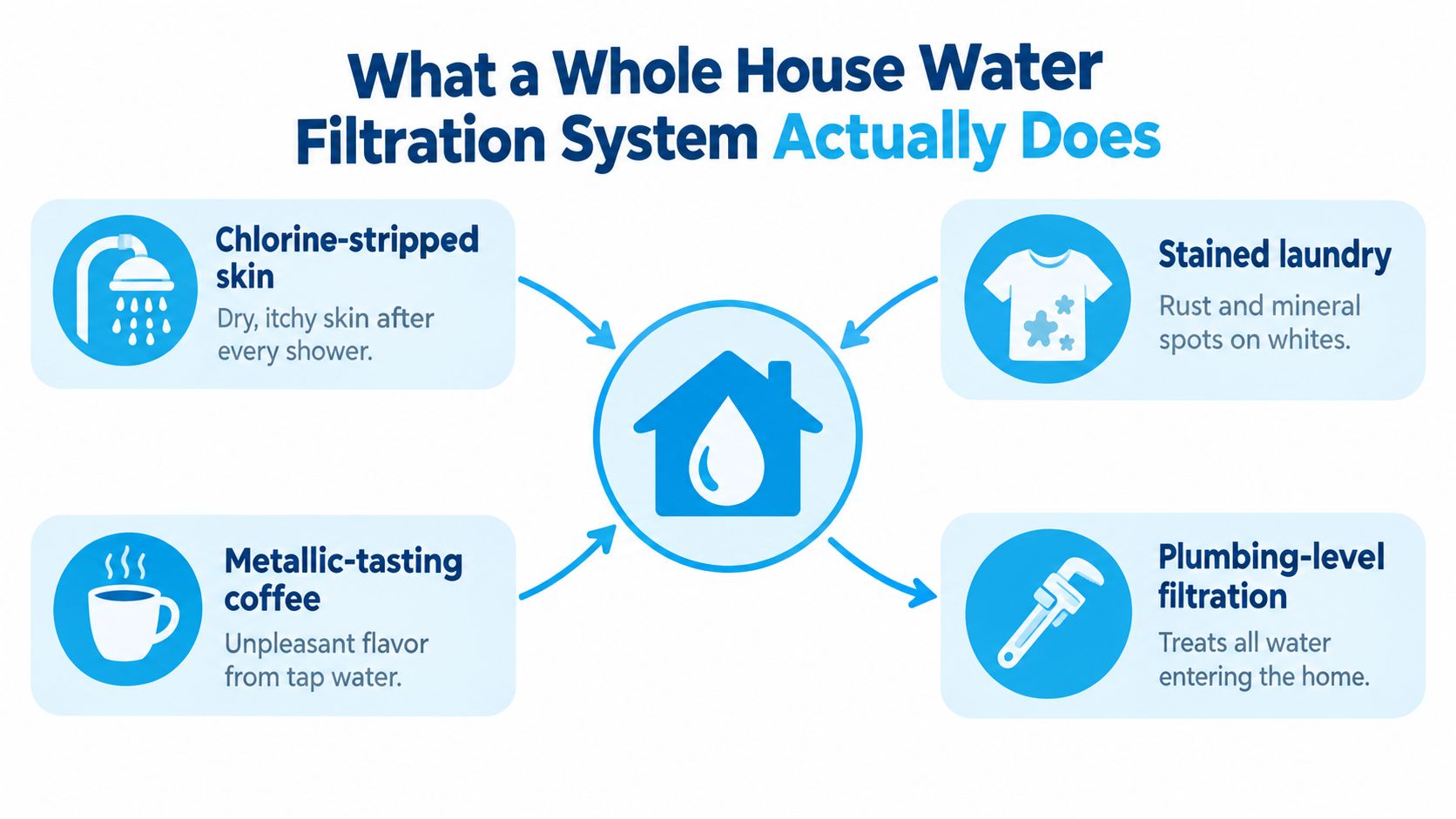 An infographic showing the benefits of a whole house water filtration system on skin, laundry, coffee, and plumbing.