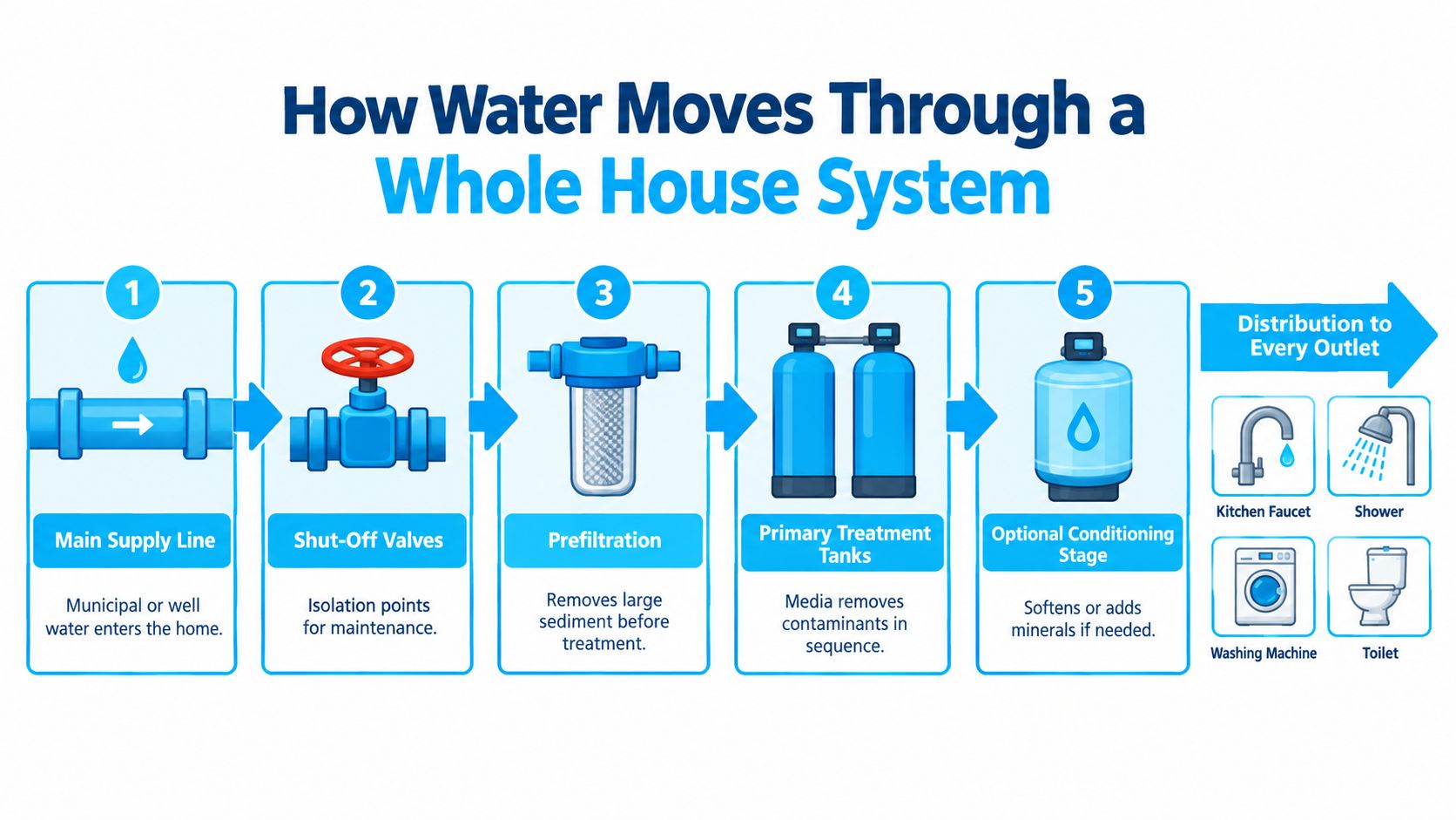 A diagram illustrating the five stages of how water moves through a whole house filtration system.