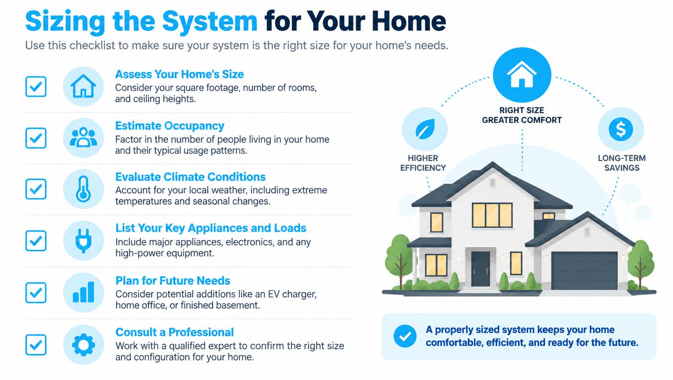 An infographic checklist for sizing a home system with icons and tips for comfort and energy efficiency.