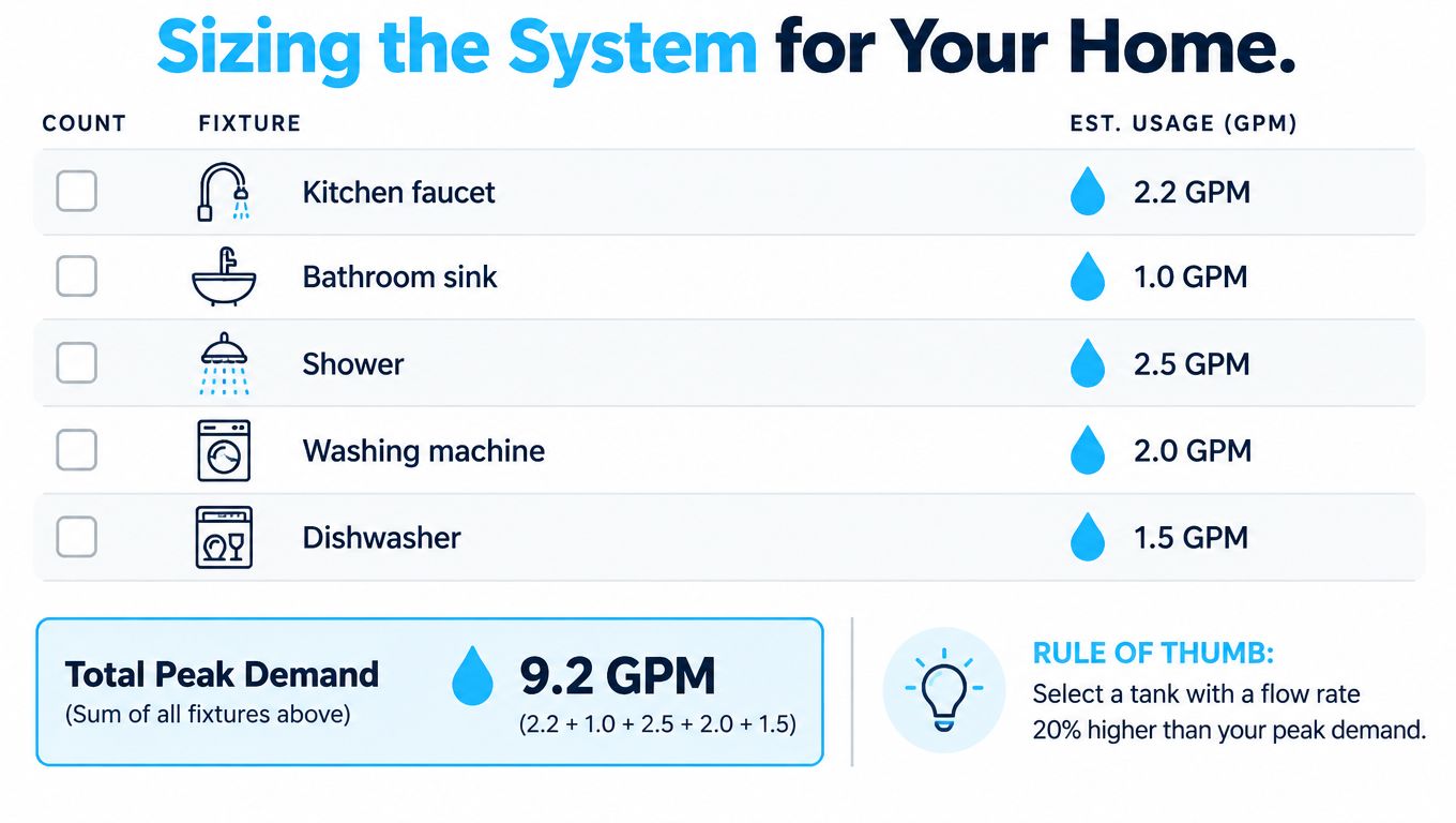 A chart showing how to calculate the peak water demand for a home water filtration system.
